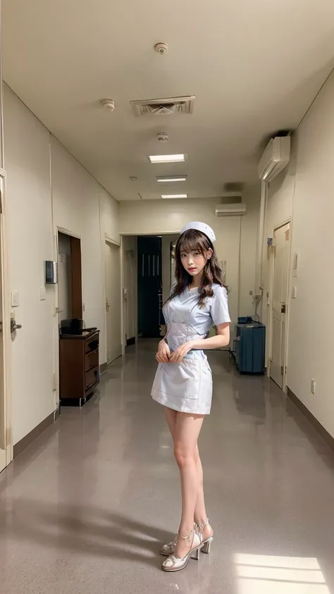 a beautiful young 24-year-old Japanese woman, beautiful, detailed anatomy, beautiful skin, random hair color and hairstyle, big breasts, nurse hat, (nurse uniform:1.3), nurse cap, (she is standing:1.2), full body shot, high heels, hospital, (best quality,8...