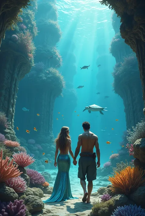 The mermaid and the fisherman holding hands as they walk together in the grand coral palace.