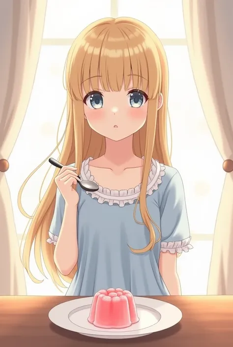 An anime-style illustration portrays a beautiful young girl.

Description:
Appearance:
She has long golden hair styled with straight bangs, accentuating her delicate facial features.
Her fair skin and soft, rosy lips add a touch of warmth and tenderness.
O...