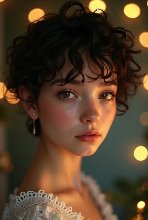 a white girl, with frizzy eyelashes , dark brown ,  curly hair with a pixie haircut, Roman nose,  oval lips and light brown eyes . She is skinny,  oval face and can be seen from the neck up,  in the background a Christmas decoration 