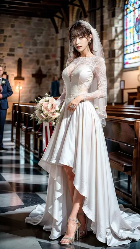 A beautiful young Japanese woman, 26 years old, with healthy thighs, beautiful legs, flawless skin, random hair color and style, large breasts, wearing a (wedding dress:1.3), (she is standing:1.2), full body shot, high heels, holding a bouquet in her hands...