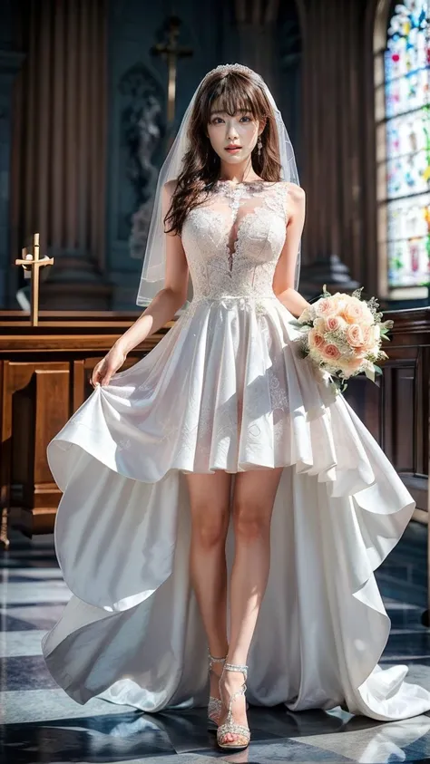 A beautiful young Japanese woman, 26 years old, with healthy thighs, beautiful legs, flawless skin, random hair color and style, large breasts, wearing a (wedding dress:1.3), (she is standing:1.2), full body shot, high heels, holding a bouquet in her hands...