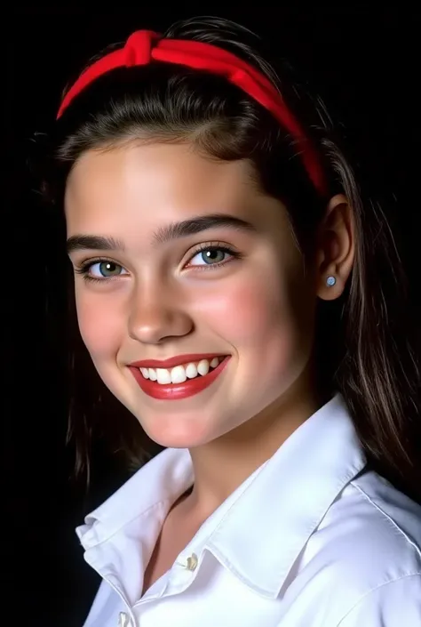 (very realistic photography),(masterpiece, best quality:1.3), 1girl, (alone), front view,
((young Jennifer Connelly)),(at age 15),
she wear in white shirt.,
with pretty face, plump cheeks,
(She has a vivid red headband in her hair.),
scooped nose arched hi...