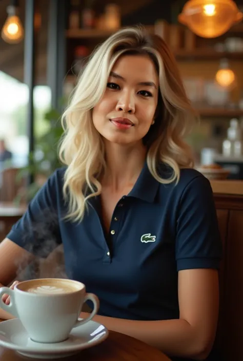 A blonde woman with brown eyes sits in a cozy coffee shop, wearing a navy blue Lacoste polo shirt that accentuates her alluring figure. The warm ambiance of the café surrounds her, with soft lighting, wooden furniture, and the comforting aroma of freshly b...