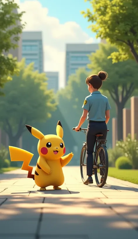 Pikachu, looking shy and blushing, waves goodbye to the security guard as it walks its bicycle home through the quiet office campus, with a warm, sunny day in the background.  
