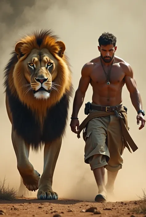 A man walks side by side with a ferocious lion facing a live camera