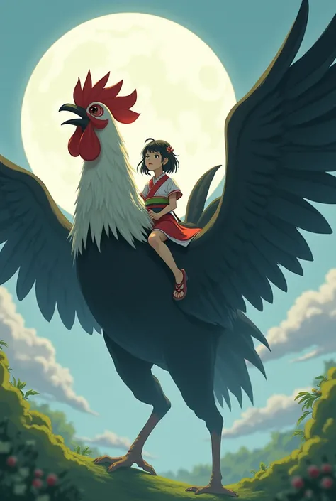  Japanese girl, riding a giant rooster with horns and black wings with a giant white and the name