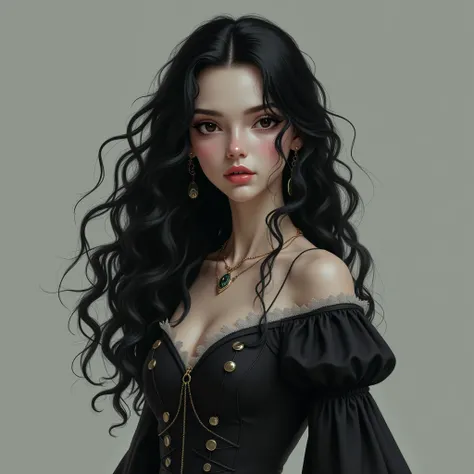 a girl, young vampire, beautifull and has black long curly hair, wearing a closed medieval dress, full body, holding a dagger, 8k, realis