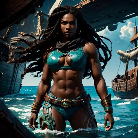 Illaoi, 1 ,  dark skin,  long hair, Muscular, Alone, standing,  detailed face ,  ultra detailed eyes,  looking at the viewer , cowboy shot,  upper body, standing in liquid , shipwreck, ( masterpiece :1.2,  best quality )