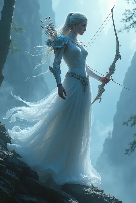 (Krenz Kushat Style: 1.2), high quality, masterpiece, phantom archer, her body gradually changes between visibility and translucency, looking at the viewer, her bow is made of shimmering spectral light, her Armor changes between cracked stone and flowing m...