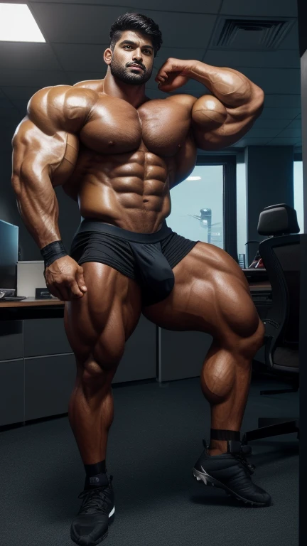 Standing with huge spread legs Full body view, Football cleats shoes, 30 years old Desi mascular dark skin jaat with huge wide muscular shoulders, wide chest, abs, masculine wide triceps, arms, biceps, big masculine legs, wide thighs, calfs, black-haired, ...