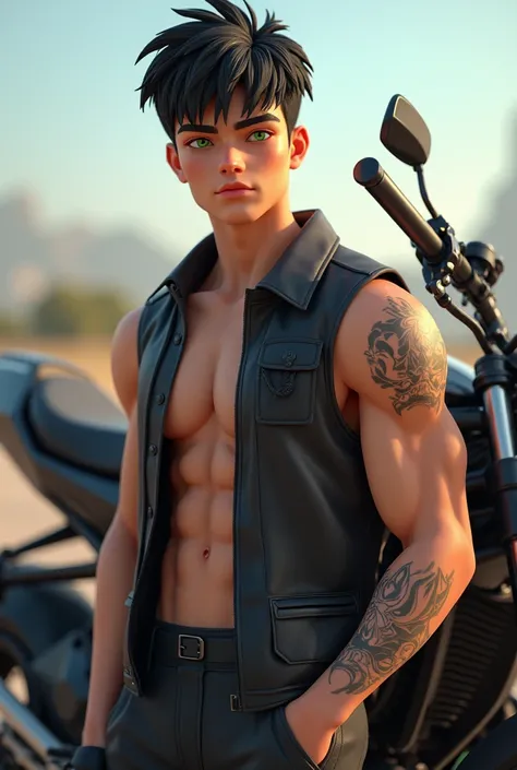 Young athletic 20-year-old boy with black hair and short hair with green eyes tattooed on one arm with a motorcycle next to him a realistic image 