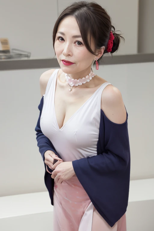  beautiful mature 55 year old Japanese woman, Married women,  attractive woman, Fine wrinkles,  has long eyelashes, 輝く瞳,  low ponytail during maid work, ( choker ), (bright red lipstick ),  elegant ,  slim figure,  pink cheeks,  Pearl Necklace ,  earrings,...