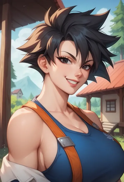 Goku Female anime look with Big breasts, closed, blue sky, black hair, black eyes, forest, house, bare shoulders,short hair, looking at viewer, smile, looking at viewer, spiked hair and 
orange and blue TurtleSchoolUniform, upper body, and big butt
 