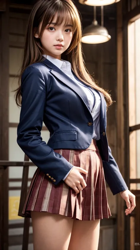 Product quality,1 girl,Cowboy Shot,Front view,Young and pretty girl in Japan,Daytime, Schoolgirl uniform,blazer,wear, wear a checkered pleated micro mini skirt,Very cute face,Glossy Lips,Double eyelids on both eyes,(Natural Makeup),shiny smooth light brown...