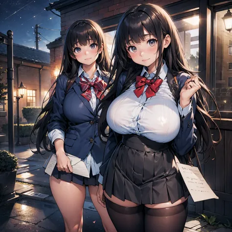 a young female middle school student with large breasts handing a love letter to a man, embarrassed expression and gestures, night school courtyard, happy atmosphere, realistic, surreal description, UHD, 16k