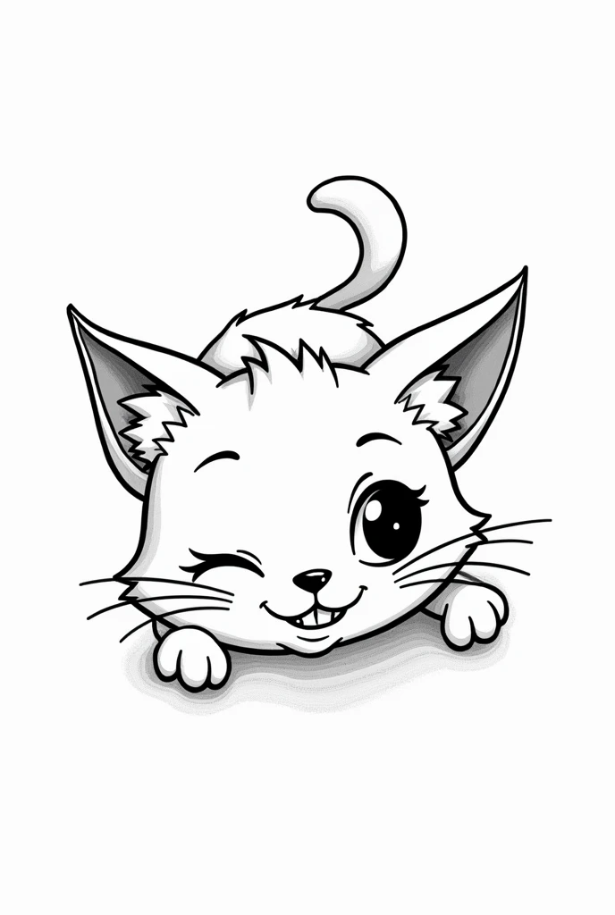 Black and white illustration of an 80s cartoon cat smiling and winking from a top-down perspective