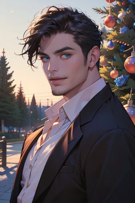 (best quality,4k,8k,highres,masterpiece:1.2),ultra-detailed,(realistic,photorealistic,photo-realistic:1.37),34 year old man,3 day beard,handsome anime,portraits,strong,masculine,dark hair,sharp jawline,mesmerizing eyes,perfectly styled hair,cool anime outf...