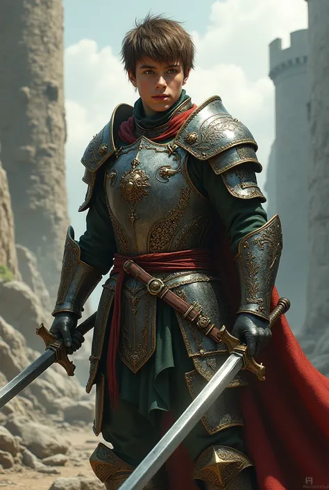 Young Human Warrior ,  brown male with green eyes and short brown hair,  In a medieval setting ,  wielding two swords and wearing armor.