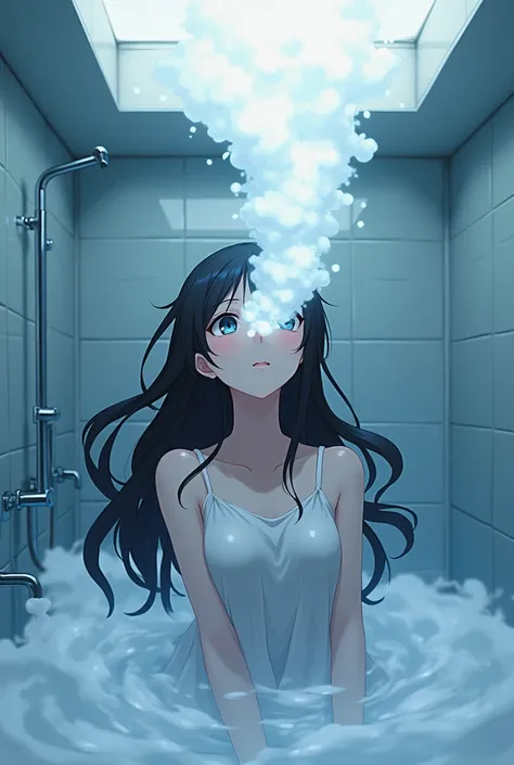  BLACK-HAIRED ANIME GIRL MAKES AN INEXHAUSTIBLE DRINK OF CLOUDY MILK FLOWING OUT OF HER MOUTH, ALONG WITH HER EYES LOOKING AT THE CEILING, IN THE BATHROOM.