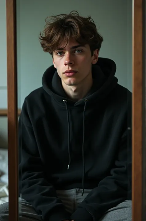 very realistic young man , man,  teenager wearing a black sweatshirt and wearing a hood ,  with Instagram filter ,  sitting on his bed in front of the mirror and a low quality photo