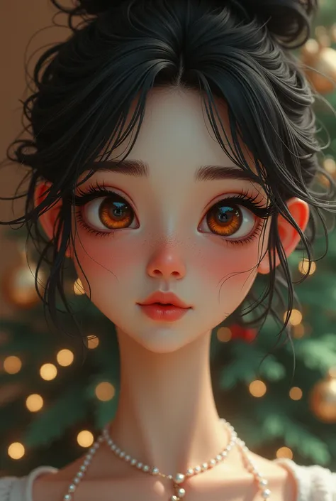 A white teenage girl, with long and frizzy eyelashes,  dark brown and frizzy hair , Roman nose,  oval lips and light brown eyes .  She is skinny and can be seen from the neck up, In the background a Christmas decoration
That the image is not so realistic
T...