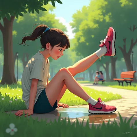  a middle schoolgirl sits in the park while raising both feet into the air avoiding puddles underneath.  focuses on a leg raised using a nike sneaker . the atmosphere at the campus park 