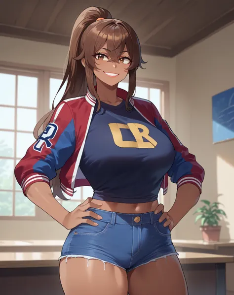 score_9, score_8_up, score_7_up, source_anime, nyantcha style, 1girl, brown hair, long hair, ponytail, crossed bangs, tan skin, brown eyes, lips, big breasts, black t-shirt, letterman jacket, denim shorts, looking at viewer, hand on hip, smile, cowboy shot...