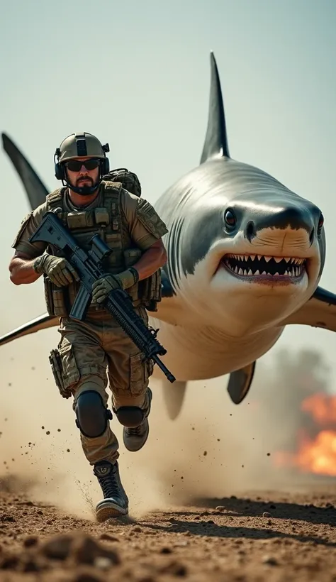 Depict a hardened army soldier running alongside a massive shark in a high-stakes combat scenario. The soldier is fully equipped with tactical gear, including camo shorts, armored boots, a headset, and an oversized machine gun, exuding strength and focus. ...