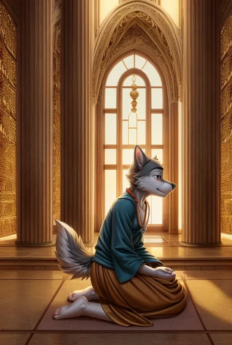 Make a young furry wolf monk on his knees praying while wearing a japa mala necklace hanging around his neck and praying to Buddha