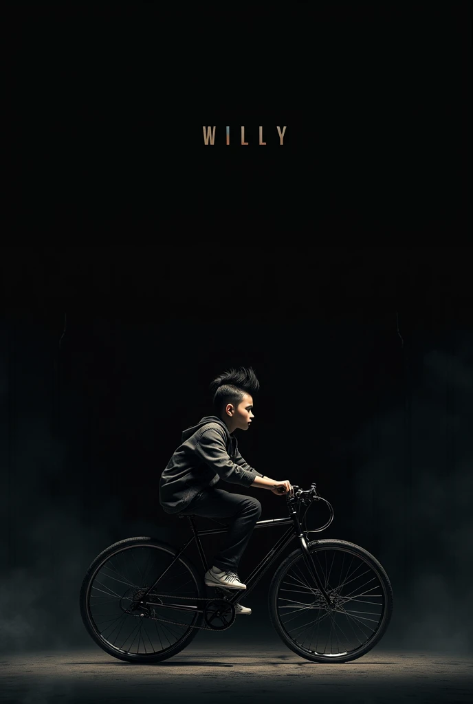 Half-haired boy ,  on a black bicycle and the name WILLY,  written letter by letter .  Black background 