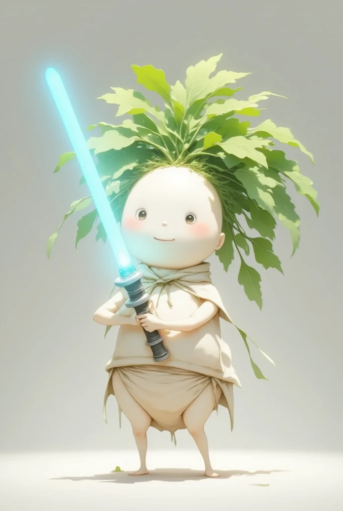 A cute anime illustration featuring a lightsaber shaped like a DAIKON,with a character resembling a DAIKON person wielding it.The character has big expressive eyes,a cheerful expression,and colorful,vibrant surroundings.The lightsaber emits a bright,glowin...