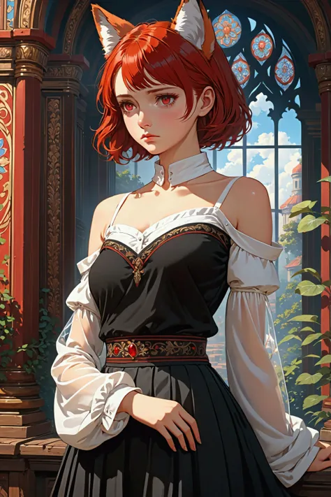 young girl, short red hair, fox ears, red eyes, sad, white lush shirt, transparent sleeves, open belly, open shoulders, long black skirt, Old Russian style, Magic Academy, Masterpiece, best quality, Full HD, 8k, ultra details, great graphic, anime style, 2...