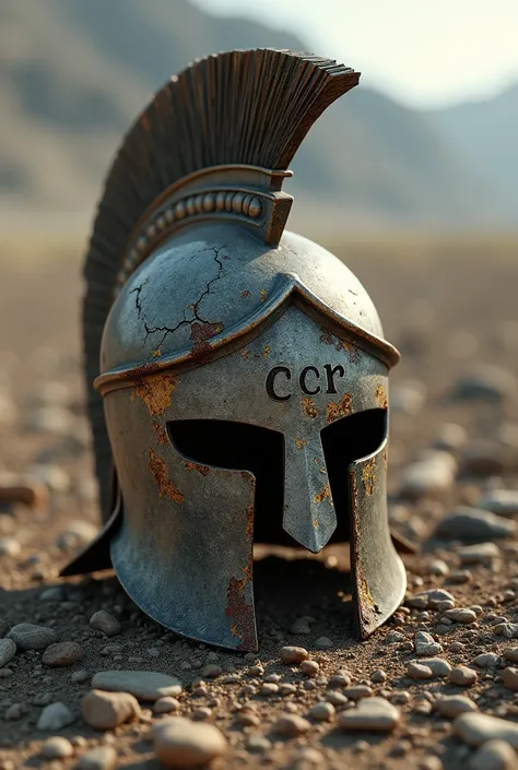  Create an image with a spartan helmet all broken like the end of the world,And at the bottom slave The End of the CCR , Break the helmet again and write the end of the CCR break the helmet again 