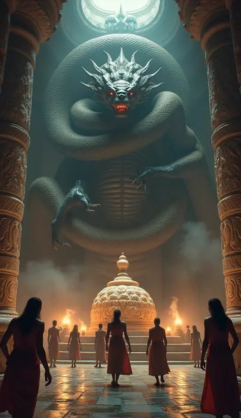 "Inside a dimly lit ancient stone temple, a sacred Shiva Lingam stands at the center, radiating a faint divine glow. Next to it looms a terrifying creature: its lower half is that of a massive coiled serpent with gleaming scales, while its upper half is a ...