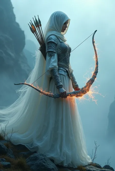 (Krenz Kushat Style: 1.2), high quality, masterpiece, phantom archer, her body gradually changes between visibility and translucency, looking at the viewer, her bow is made of shimmering spectral light, her Armor changes between cracked stone and flowing m...