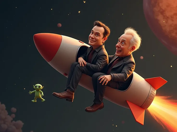 elon musk, jeff besos and Richard Branson ridind a rocket. mars, few stars, in the background and a small green alien hidden in the image 