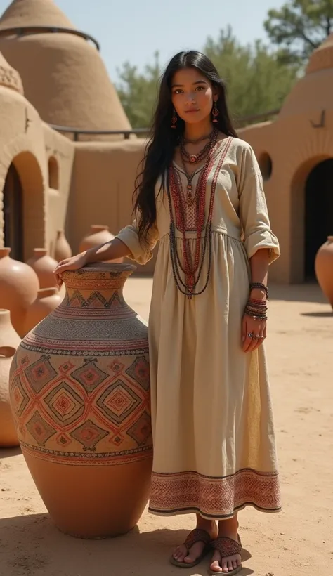 Cucuteni-Trypillian Culture
Pose and Scene: A woman stands beside a large, painted ceramic urn, her hand resting on it as she looks over her shoulder with a confident gaze.
Outfit: A simple, ankle-length linen dress adorned with geometric embroidery in ear...