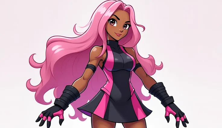 a black-skinned woman. Your hair is long, smooth and pink with curled ends .  She has a strong and athletic warrior physique .  She is wearing a combat outfit consisting of a pink and black dress with a short skirt.  In your hands,  she wears a pair of com...