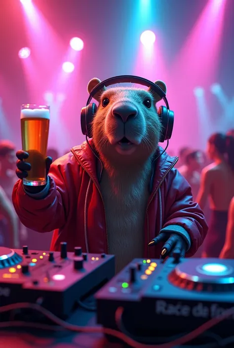 Capibara DJ with beer at the discotheque