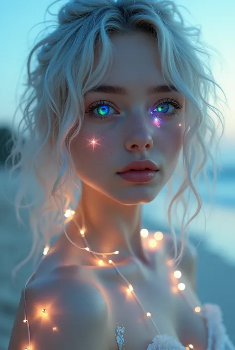 A girl:1.5)0.9], (Sky and Beach :1.2) ( Messy silver hair:1.1) (heterochromia: Nude and blue eyes:1.2) (naked:1.0) ( Colored stars in the eyes:1.0) (A radiant glow:1.1) ( Thick lips:0.9)
 nudes