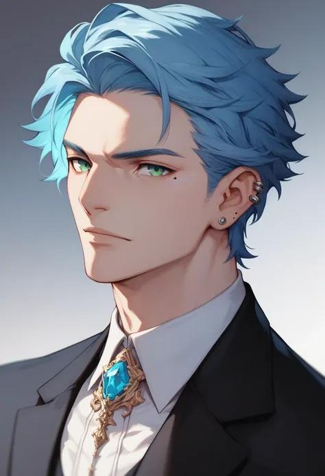 White-skinned man, light blue hair, green eyes, mole under the eye, piercings in the ear. He is wearing an elegant black suit. He is handsome and serious