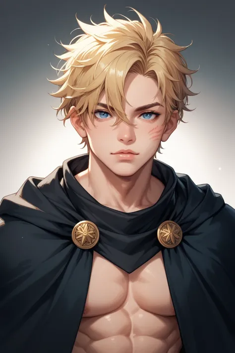 messy blonde hair, with bangs that fall over his forehead.
His eyes are a light and striking blue.
His eyes are a light and striking blue.
has three distinctive whisker marks on each cheek,
an athletic and muscular build due to his training
He wears a band...