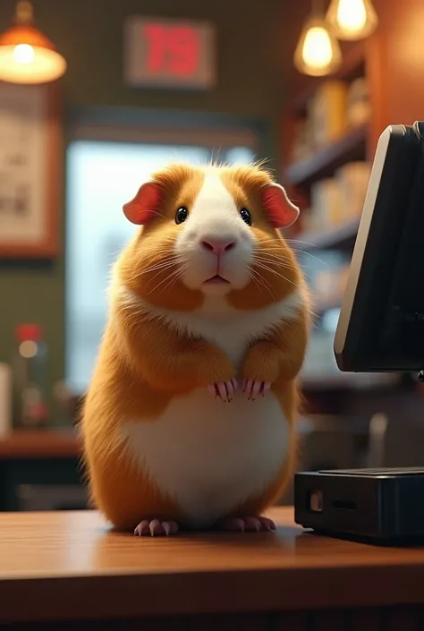 Restaurant clerks guinea pig　 is super realistic and cinematic, ( full body), Stand at the cash register with a standing up to your toes