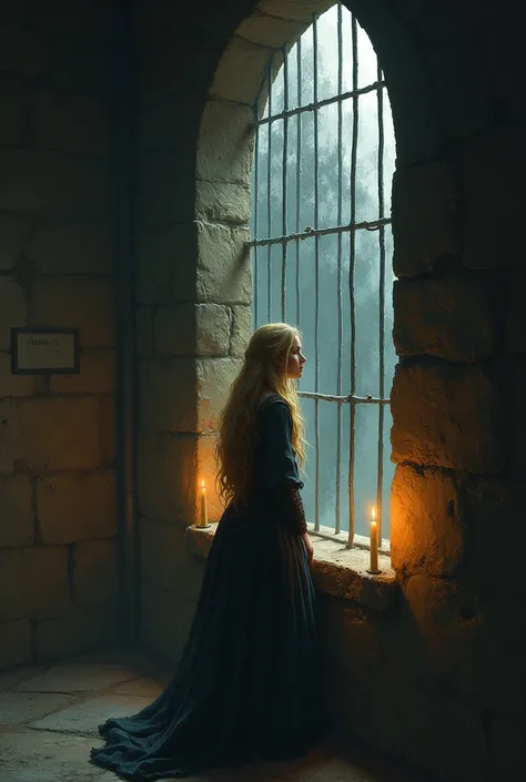 Create a picture of a medieval prison, a moody atmosphere, and features a captured princess standing by the prison window.