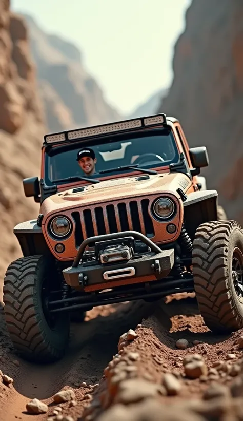  Make a picture with. Description:
Jeep off-road car
Mud and cobblestone roads
The color of the car is branded Maxxis and complete with Maxxis attributes as a full complement to the car body as a sign of tire product sponsorship,
The driver is wearing a bl...