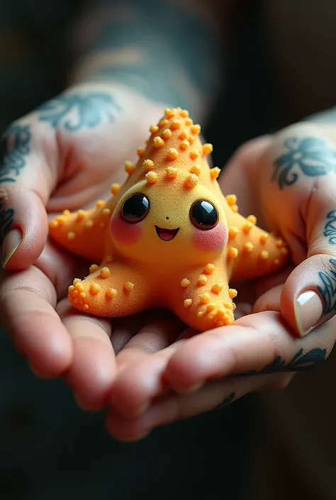 A Close up view a small, cute Starfish sitting in the palm of tattooed hand. The animal has exaggerated large eyes and small features giving it a cartonish unlearning appearance. The animal is soft and dramatic with a background that emphasizes the Details...