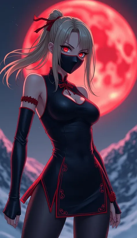   woman between 30-35 years old,  medium  blond hair, strong body,  angry expression , short Chinese dress with red details with a black leggings. snowy mountain at night, red moon in the sky  [[[  high quality ]]][[[ tall details ]]] Ultra HD,   High reso...