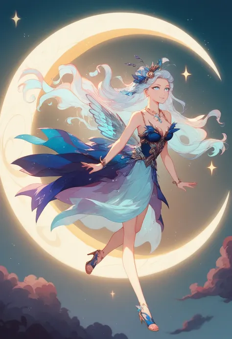 A mystical young girl with ethereal features, glowing silver eyes, and flowing hair that sparkles like stardust. She wears a delicate, flowing gown made of shimmering fabrics resembling moonlight. The background is a fantastical landscape with a glowing cr...