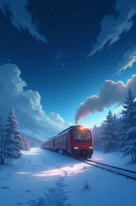 There is a train running along the tracks in the snow, Makoto Shinkai&#39;s concept art, tumblr, magic realism, beautiful anime scenes, cosmic sky. by makoto shinkai, ( ( makoto shinkai ) ), anime background art, anime backgrounds, Makoto Shinkai&#39;s sty...